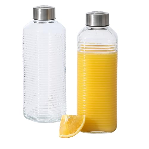 Gibson Home Aspen Heights 2 Pack 33 OZ (1 Liters) Large Embossed Reusable Glass Bottles w/Airtight Leakproof Stainless Steel Lid Pitcher for Water Milk Juice - Dishwasher Safe