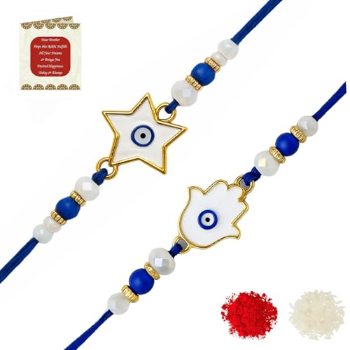 Image of Riddhika Ventures Elegant Evil Eye Rakhi for Protection from Negative Energy (Set Of 2) With Roli Chawal And Greeting Card (R1S1)