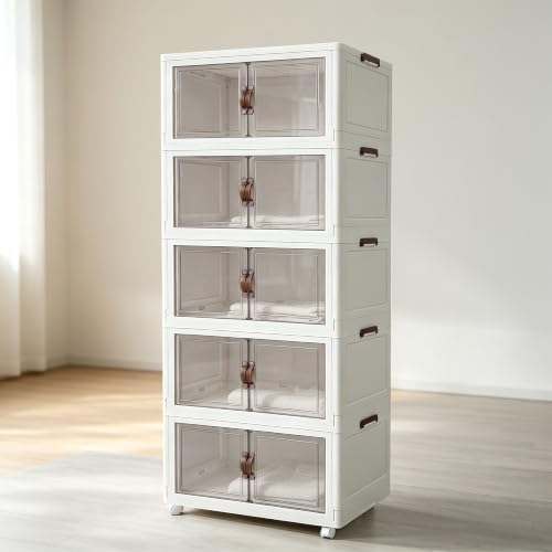 Yzptkxq 5‑Pack Foldable Stackable Storage Boxes, 631 QT Organizer Container with Magnetic Doors & Wheels for Home, Garage, Office (27.56" W x 17.91" D x 76.77" H)
