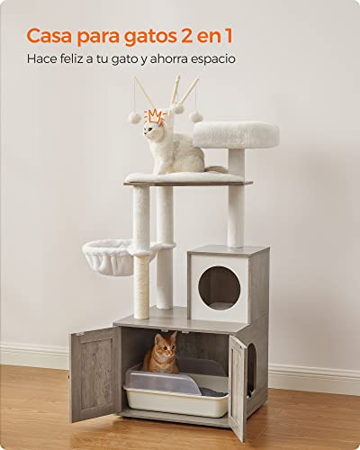 Miniatura 3 de Feandrea Árbol Para Gatos Con Arenero Oculto, Rascador Moderno 2 En 1, Casa Con Palos Y Pompones Movibles, Gris Pct113g01