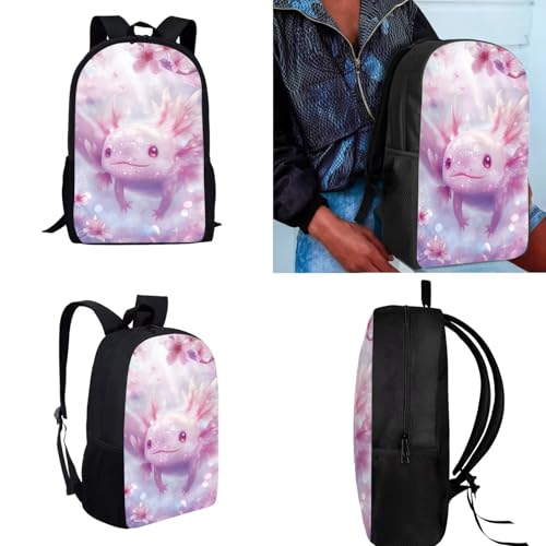 Cherry Blossom Axolotl backpack for Girls Kids Backpack with Lunch Box Water Bottle Holder and Pen Holder 4PCS Bookbag Set for Teen Girls 17" Aesthetic Elementary School Bag with Side Pocket3
