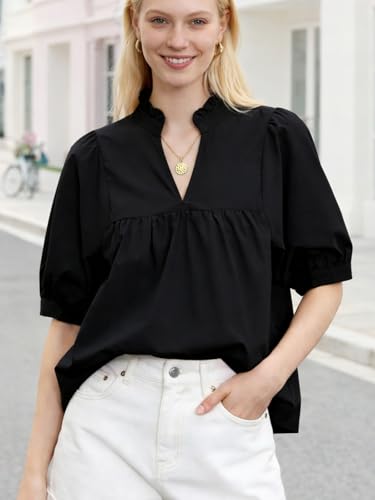 YIGAMA Womens Cotton Puff Sleeve Blouse V-Neck Pleated Peplum Babydoll Dressy Casual Shirts Black — view 4