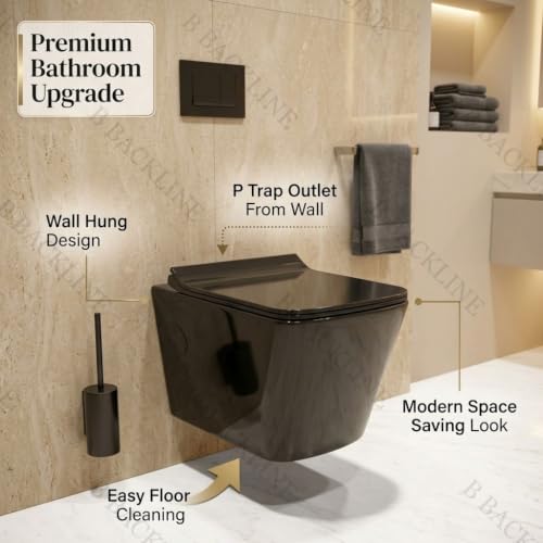 Image of B Backline Ceramic Wall Hung Rimless Western Toilet Commode /Water Closet Commode With Soft Close Toilet Seat For Bathroom - P Trap Outlet From Wall (Black Glossy) (7 Years Glaze Warrrenty)