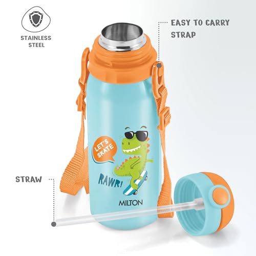 Image of MILTON Torque 450 ISI Certified Stainless Steel Water Bottle, Leak Proof, Rust Proof, Single walled,1 Yr Warranty, Ideal Sipper Water Bottle for School Kids Bottle, 455 ml, Blue (Dinosaurs)