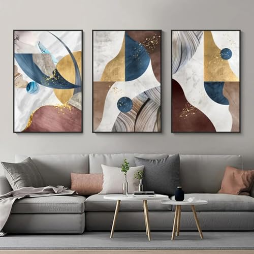 Toile abstraite géométrique bleu et or 50x75 cm décoration murale triptyque - 3