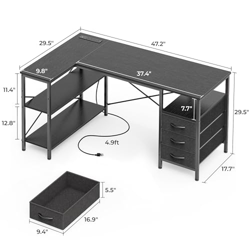 image for Huuger L Shaped Desk with Power Outlets, Computer Desk with 3 Drawers,