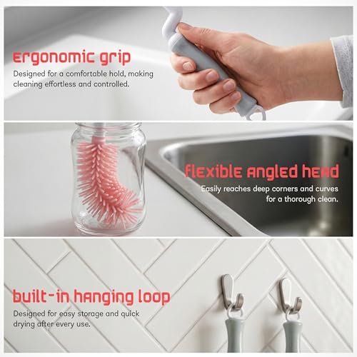 Image of Baybee 2Pc Combo Silicone Bottle Cleaning Brush | BPA-Free 360 Rotatable Silicone Bristles for Nipple, Straw, Vase, Glass & Feeding Bottle Cleaner Set | Anti Slip Handle, Easy to Clean Corner (Pink)