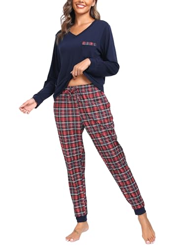 Vlazom Señoras Pijama Largo Dos Piezas Invierno Pijama Set Cuello en V Manga Larga Pijama Set(XXL,E-Azul Marino