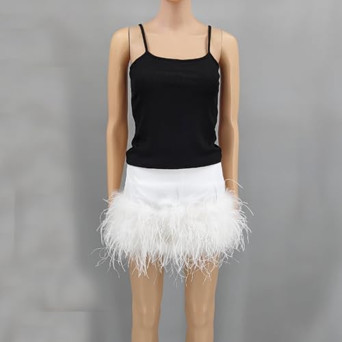LVCOMEFF Satin Silk Mini Skirt with Feather Trim Skirt Low Waisted A-Line Short Skirt Y2k Club Outwear2