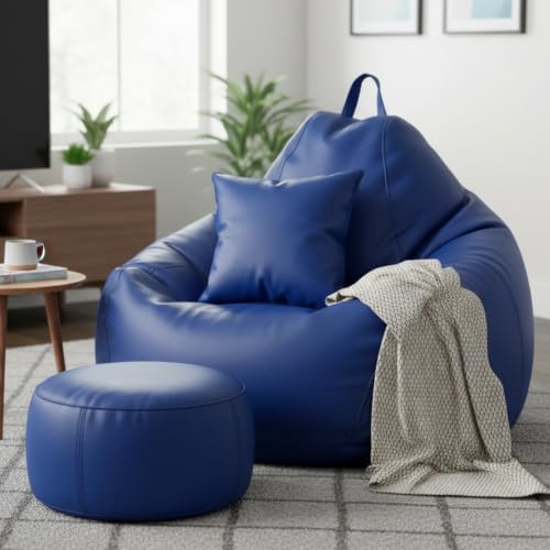 Image of KAM'S LIEU Leatherette Bean Bag Chair with Footrest | Filled with EPS Beans | Comfortable Sofa for Living Room & Bedroom | 4XL Size, Easy to Clean Color- (Royal Blue)