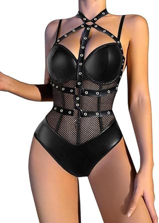 Women's Strappy Lingerie Bodysuit – Sexy Mesh & Faux Leather One-Piece Teddy with Harness Detail-image-49