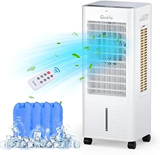 Grelife Evaporative Air Cooler, Portable Cooling Fan with 75° Oscillating, Humidifying, 1.58Gal Water Tank, 4 Ice Packs, Remote Control, 3 Speeds, 12H Timer, Personal Swamp Cooler for Room Home Office