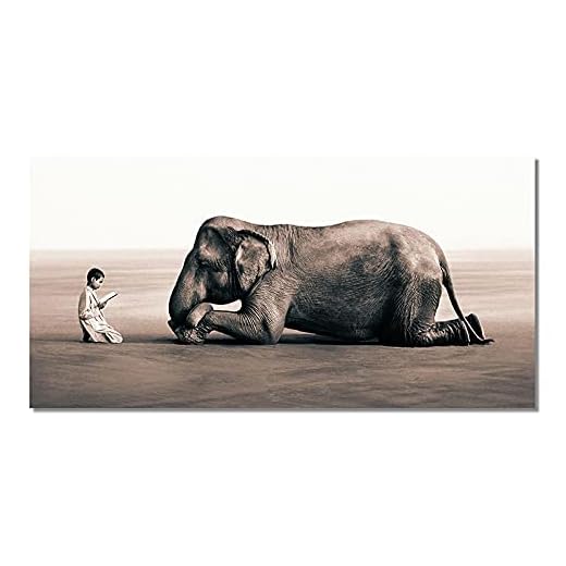 Affischer och tryck pojke som läser till elefant kanvas målning aska och snö väggkonst djur bilder för vardagsrum dekor 75 x 150 cm (30 x 59 tum) inre ram