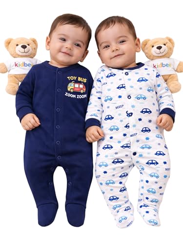 Image of Kidbee Baby Cotton Romper Pack of 2 | 100% Soft Cotton Hosiery | Front Open Snap Buttons | Full Sleeve Footed Sleepsuit | Newborn Baby Clothing Set