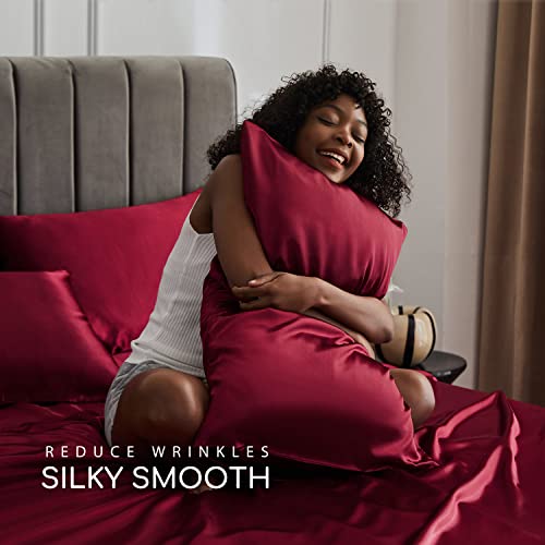 Image of MR&HM Satin Bed Sheets, Twin Size Sheets Set, 3 Pcs Silky Bedding Set with 15 Inches Deep Pocket for Mattress (Twin, Burgundy)