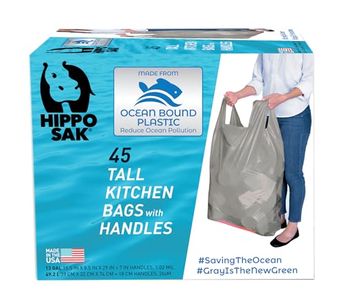 Hippo Sak - Tall Kitchen Garbage Bags with Ergonomic Handles - 13 Gallon Trash Bags Made from Recycled Ocean Bound Plastic - Super Strong and Leak Proof Tall Kitchen Trash Bags (45 Count)