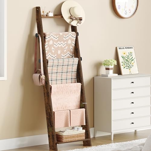 Hzuaneri Blanket Ladder for Living Room, Decorative Quilt Rack with 4 Removable Hooks, 6-Tier Blanket Ladder Shelf for Bedroom,Rustic Brown BR30601X