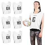 FORZA Pro Netball Bibs [7 Pack] | Full Netball Player Position Bib Pack Available in 7 Colors - Ideal for Schools & Clubs (White, Large)