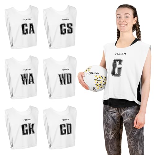 FORZA Pro Netball Bibs [7 Pack] | Full Netball Player Position Bib Pack Available in 7 Colors - Ideal for Schools & Clubs (White, Large)