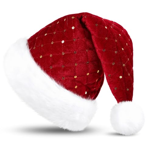 KONVINIT Rosa Weihnachtsmütze Erwachsene Luxus Weihnachtsmann Mütze Nikolausmütze mit mit Mustern von Weihnachtsbäumen, Schneeflocken Santa Mütze Männer und Frauen,rot