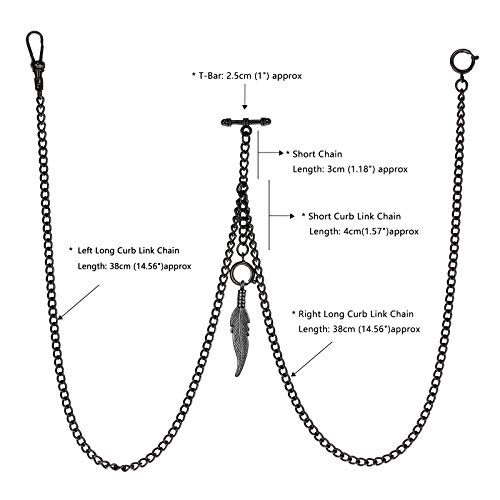 TREEWETO Men's Double Albert Chain Pocket Watch Curb Link Key Chain 3 Hooks with Antique Black Leaf Pendant Design Charm Fob T Bar by TREEWETO - Image 5