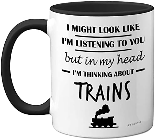Steam Train Gifts for Men - in My Head I'm Thinking About Trains Mug - Funny Gifts for Train Spotting Enthusiasts, Train Spotter Gifts, 11oz Ceramic Dishwasher Safe Premium Mugs Novelty Train Cup