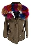  Italy Donna Damen echt Fell Raccoon Pelz Kapuze Kragen lang Jacke XXL Winter Jacke Parka Mantel warm GEFÜTTERT 40 42 44 S M L Khaki Weiß Multicolor Anorak (40)
