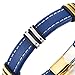 Men's Blue Leather Bracelet with Steel Gold Silver Accents, White Stitching, Stylish Fashion Jewelry