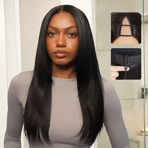 mscoco V Part Wig Human Hair Yaki Straight Glueless Wigs Human Hair Clip In Upgrade U Part Human Hair Wig with Drawstring 180% Density Natural Black 22inch