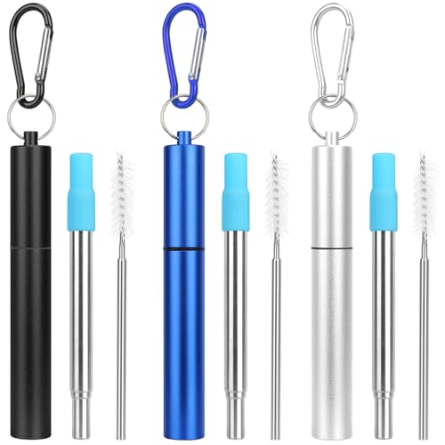 FYY Reusable Straws with Case - 3 Pack Collapsible Stainless Steel Travel Straws with Cleaning Brush & Silicone Tips Portable Telescopic Drinking Straws with Keychain Ring, Cruise Ship Essentials 3P4