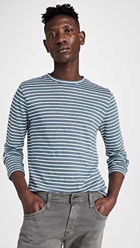 Vince Men's Stripe Linen Long Sleeve Crew Neck Tee, Night Blue/Off White, S #TOP1