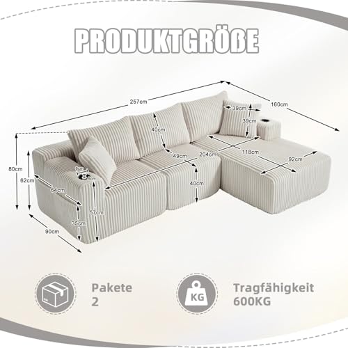 Canapé d’angle modulable velours côtelé beige EURHCIO