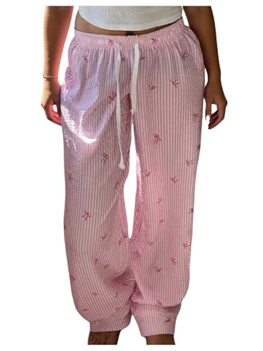 WDIRARA Women's Plus Size Striped Bow Print Pants Drawstring Waist Wide Leg Pants