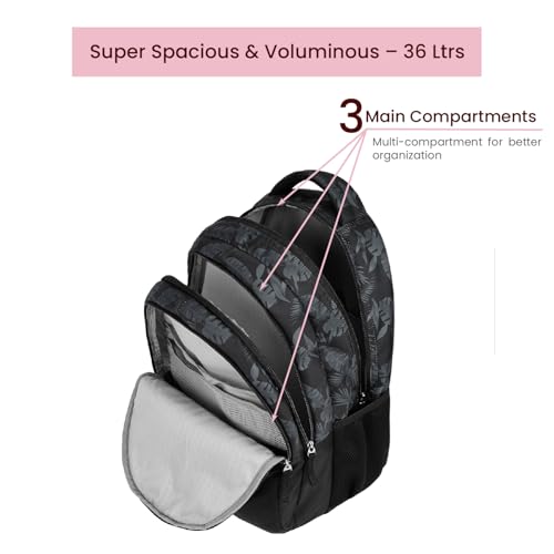 Image of Genie Forest Laptop Backpack for Women in Black colour. More Volume, 3 zips, Stylish & Trendy College Bags for Girls, Water Resistant, Lightweight Bags for Office, Travelling. 36 litres. 19 inch