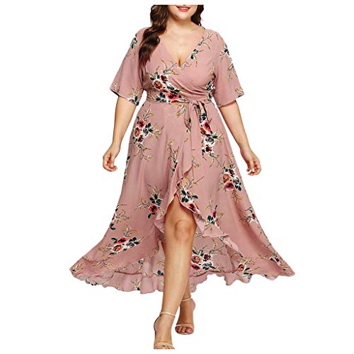Plus Size Long Dress,Kingwo Women V-Neck Short Sleeve Dress Bohemian Floral Print Plus Size High Low Long Maxi Dress(Pink,XXXXL)