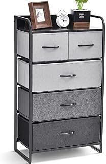 KINGRACK Chest of Drawers, 5 Fabric Storage Drawers, Tall Dresser with Wood Top, Sturdy Steel Frame & Easy Pull Handle, Large Fabric Drawer Storage Sideboard for Bedroom, Living Room, Hallway, Grey