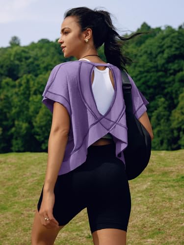 Image of SENSERISE Womens Open Back Workout Tops Backless Short Sleeve Athletic Shirt Running Crop Top Gym Yoga Tee