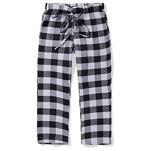 Aeslech Boy's Cotton Woven Plaid Pyjamas Bottoms, Tartan Soft Flannel Sleepwear Lounge Wear White Black Tag 160-11-12 Years Cover