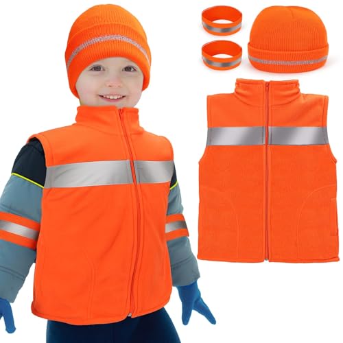 Polar Fleece Kids Orange Hunting Vest and Beanie Set,Warm Reflective Safety Hunting Clothes for Boys Outdoor