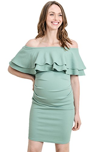 Laclef Womens Mini Off Shoulder Maternity Dress With Double Ruffle (Sage, Medium) #TOP4