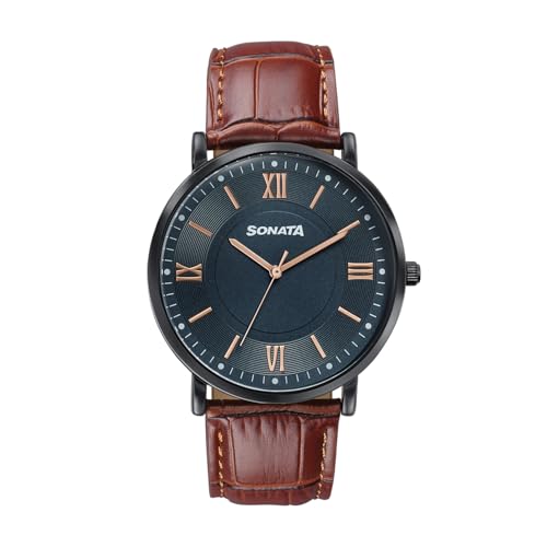 Image of Sonata Verve Quartz Analog with Black Dial Brown Geniune Leather Strap Watch for Men - 77189NL01