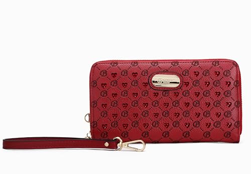 Italy Wallet – Vegan Leather Zip-Around Clutch with Heart & “B” Embossing (Red) | U.S.A. Company Ships from L.A.