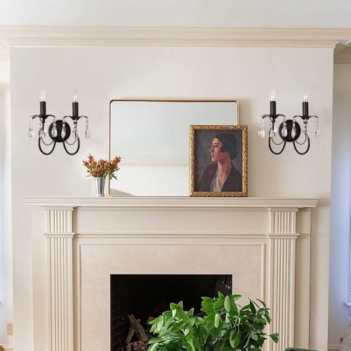 Image of 2-Light Vintage Crystal Wall Sconce, Antique Wall Lights with Black Finish for Bedroom Bedside Living Room, Victorian Candle-Style