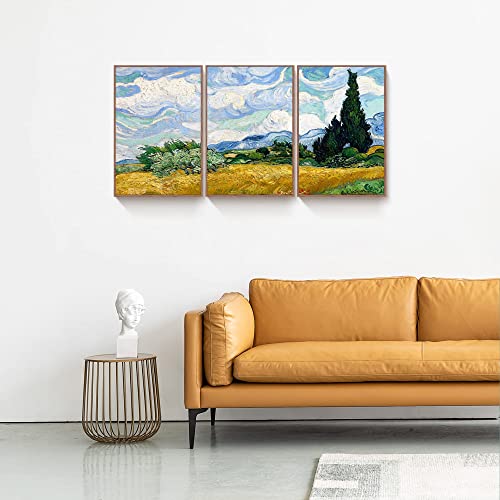 Full House Framed Canvas Prints Wall Art Of Van Gogh Oil Paintings Reproduction - Wheat Field With Cypresses - Impressionism Aesthetic Canvas Prints For Living Room Bedroom Office Home, 3 Panels #TOP1