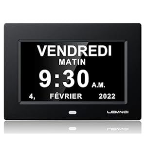 LEMNOI 7 inch LCD-digitale klok, zwarte kalender, met datum, dag en tijd, niet in te korten, automatische dimming, 8 talen, HD-display, herinnering voor Alzheimer, ouderen en kinderen