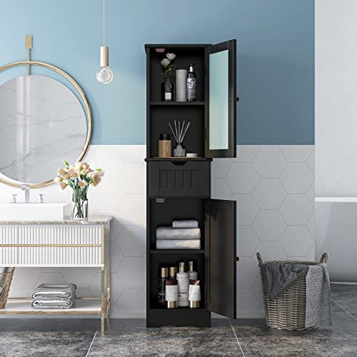 Giantex Freestanding Bathroom Storage Cabinet - 67” Tall Slim Pantry Cabinet With 2 Adjustable Shelves, 2 Doors, 1 Drawer, Anti-Slip Foot Pads, Narrow Floor Cabinet For Bathroom, Living Room (Black) #TOP1