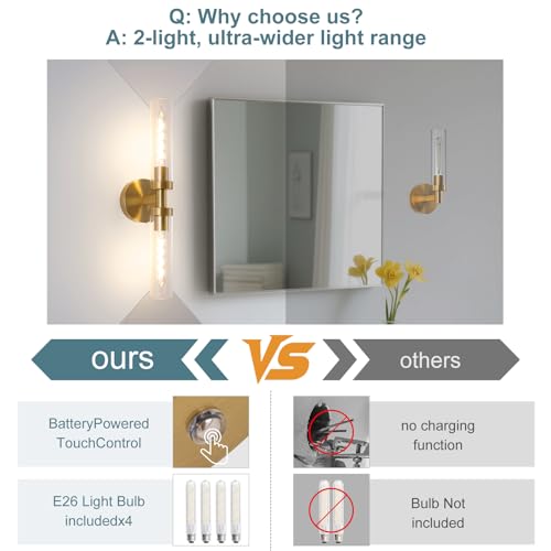 Image of Battery Operated Wall Sconces, Wall Sconce Set of 2, 3000K-6500K Gold Rechargeable Wall Lamp with Remote, Indoor Non-Hardwired Wall Sconce, Modern Vanity Light for Bedroom, Living Room, Aisle