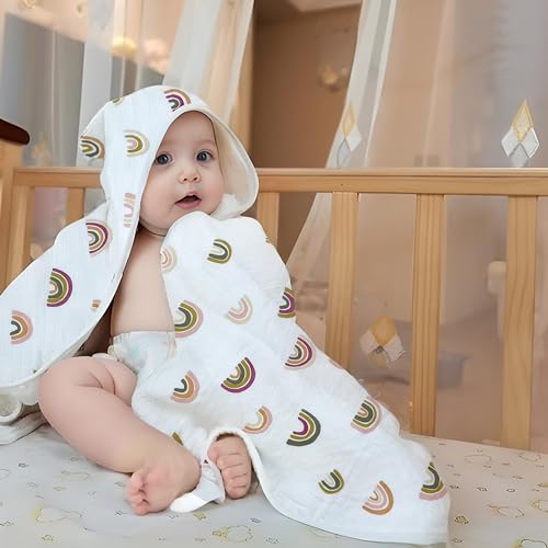 Image of Ultra Absorbent Baby Hooded Towel, 4 Layer Large Soft Comfortable Cartoon Gauze Cape, Cotton Towel for Toddler Infant, Newborn Blanket, Bath Shower Gift for Boy and Girl, Rainbow 27.5x55'