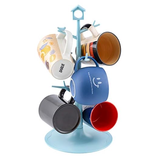 World Backyard 6 Mugs Holder Tree Cups Hanging Stand (Blue with Bird & House Sign)