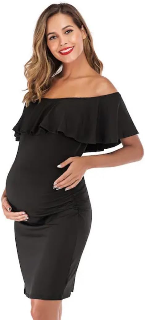 Off Shoulder Maternity Dress, Ruffle Overlay, Date Night Knee Length Dress, Black